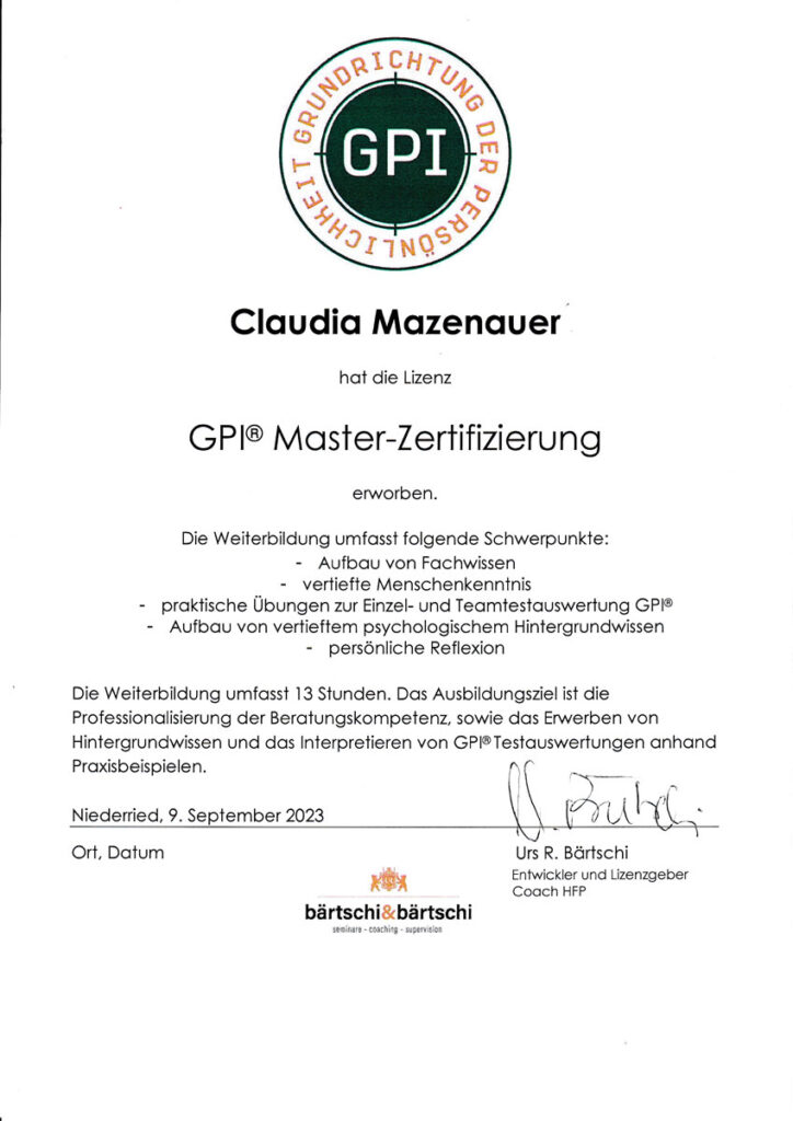 Zertifikat Claudia Mazenauer GPI Masterzertifizierung